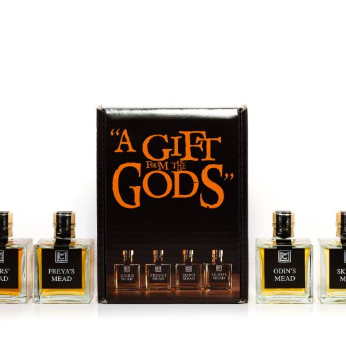 4 100ml bottles of mead and Gift from the Gods presentation box. Bottles are Skadi, Freya, Odin and Aegir
